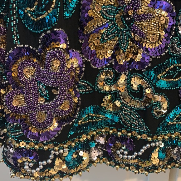 100% Silk SequinTop BlackTie Oleg Cassini Black Teal Purple Gold Sequins Beads - Picture 4 of 8